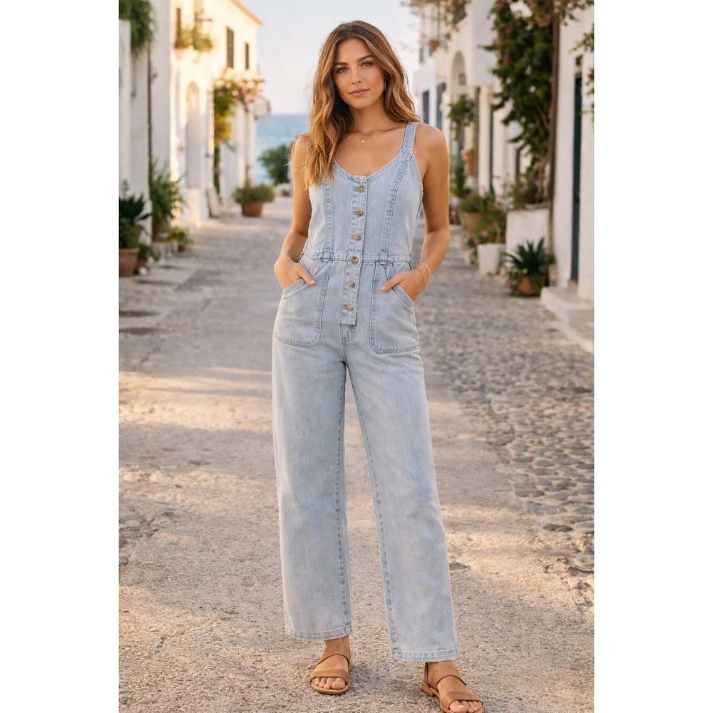 Faherty Light Wash Denim Button-Front Jumpsuit